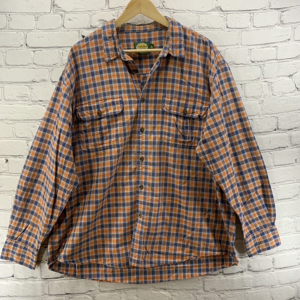 Cabela's Button Down Shirt Mens Sz XL Orange Blue Plaid FLAW